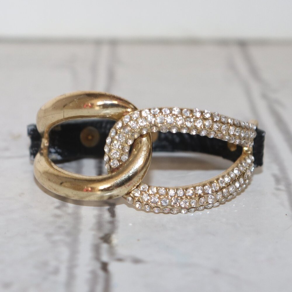 Beautiful black leather, gold and rhinestone sparkling statement bracelet